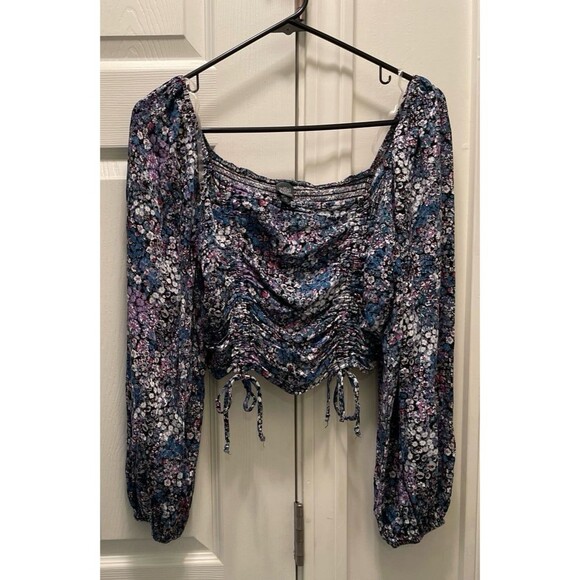 Wild Fable‎ Floral Long Sleeve Crop Top Ruched Smocked Women's Medium Cottage - Picture 1 of 4